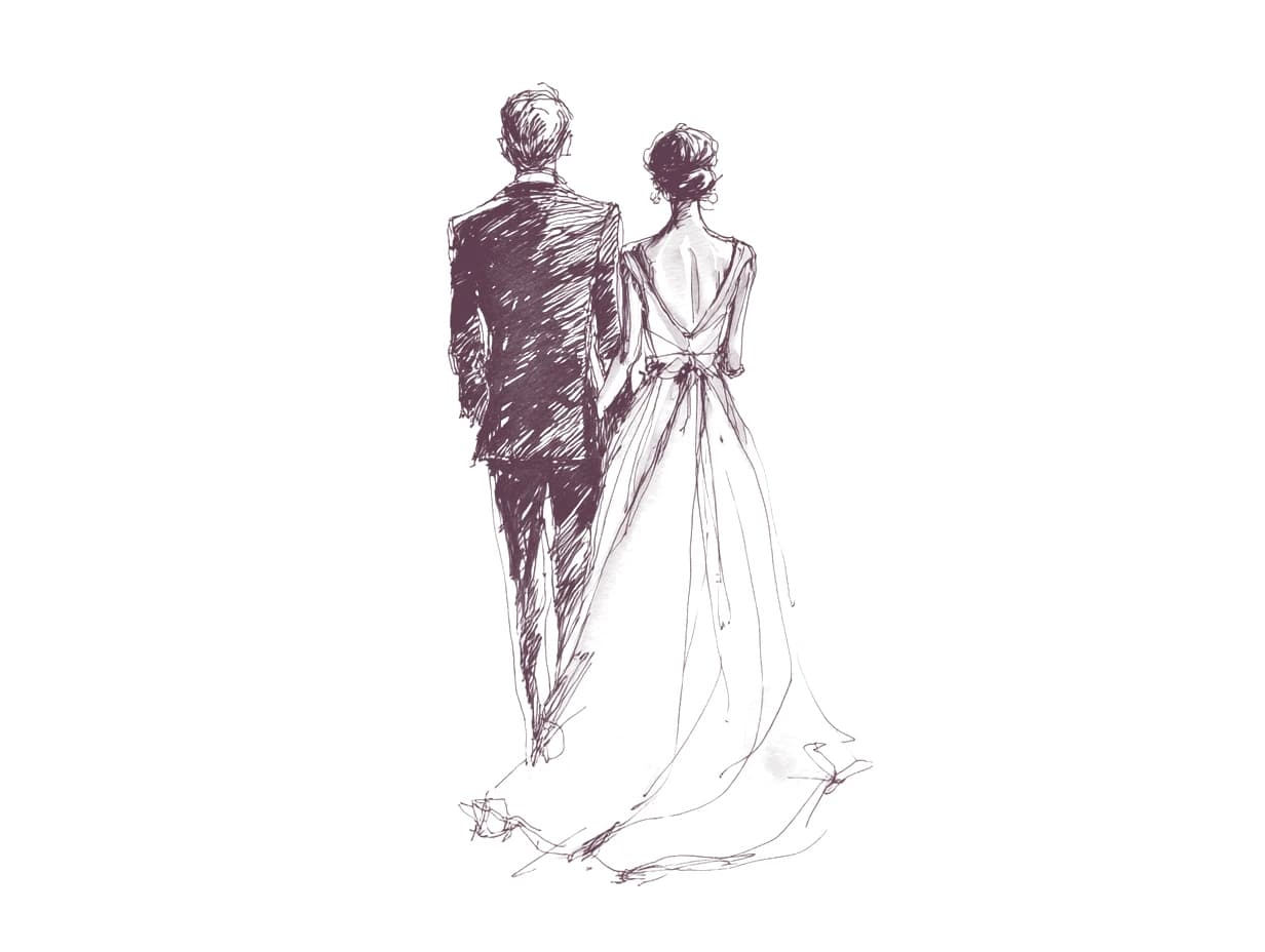 A hand-drawn sketch of a couple in formal attire